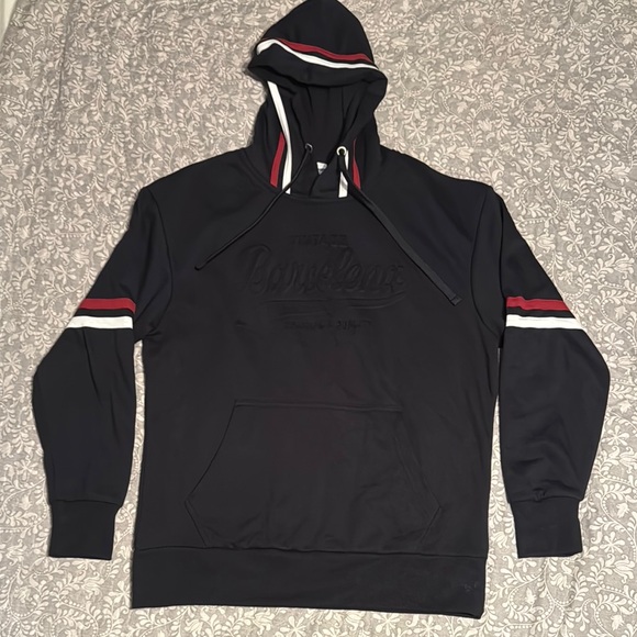 NWOT SAFON “Vintage Barcelona” Navy Hoodie with Red and White Stripes on Sleeves - Picture 1 of 9